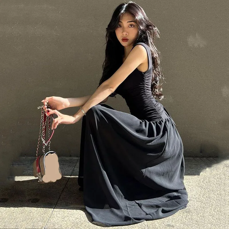 Black Wide Strap Maxi Dress for Women Summer Elegant Temperament High-Waist Party Long Dresses Sexy Ruched Bodycon Midi Dress Black Wide Strap Maxi Dress for Women Summer Elegant Temperament High-Waist Party Long Dresses Sexy Ruched Bodycon Midi Dress