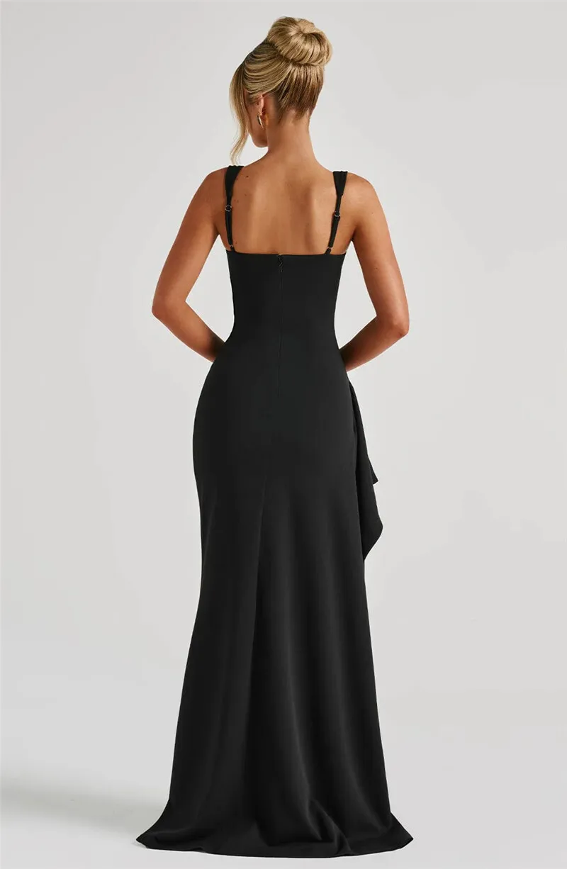 Mozision Black Backless Sexy Maxi Dress For Women Gown Spaghetti Strap Sleeveless Thigh High Split Club Evening Long Dress