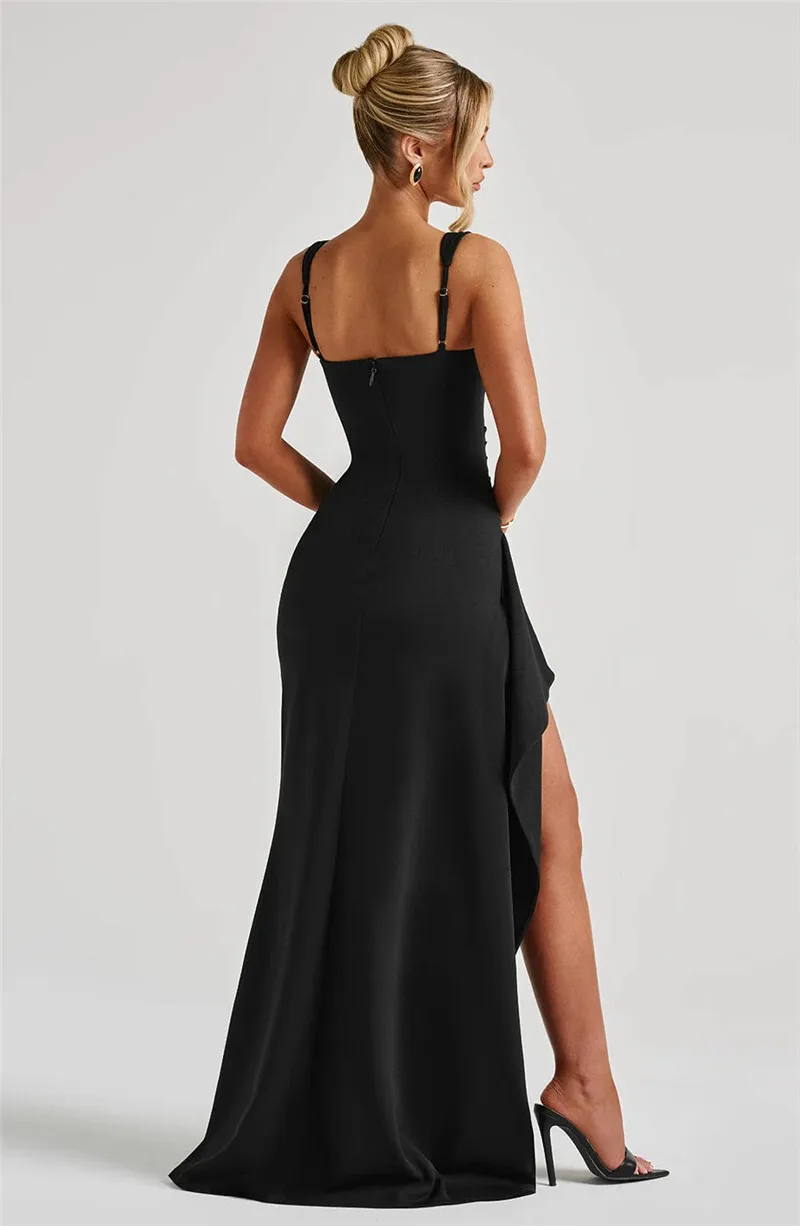 Mozision Black Backless Sexy Maxi Dress For Women Gown Spaghetti Strap Sleeveless Thigh High Split Club Evening Long Dress