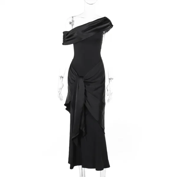 Party Evening Black Slash Neck Maxi Short Sleeve Dresses - Image 6