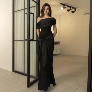 Party Evening Black Slash Neck Maxi Short Sleeve Dresses