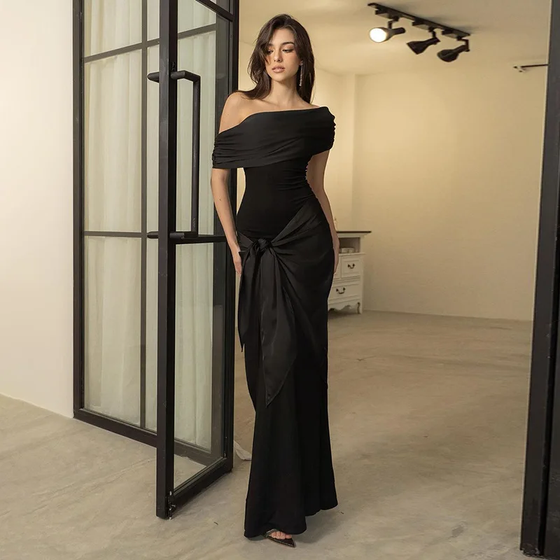 New Party Evening Dresses Elegant Black Slash Neck Maxi Dress For Women Fashion Short Sleeve Bodycon Banquet Vestidos Female New Party Evening Dresses Elegant Black Slash Neck Maxi Dress For Women Fashion Short Sleeve Bodycon Banquet Vestidos Female