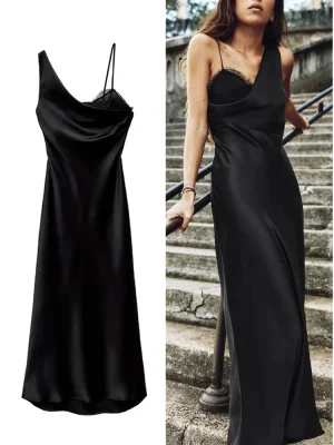 V-Neck Lace Satin Backless Sleeveless Black Party Dresses
