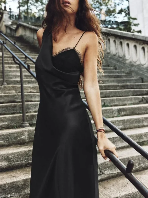 V-Neck Lace Satin Backless Sleeveless Black Party Dresses - Image 2