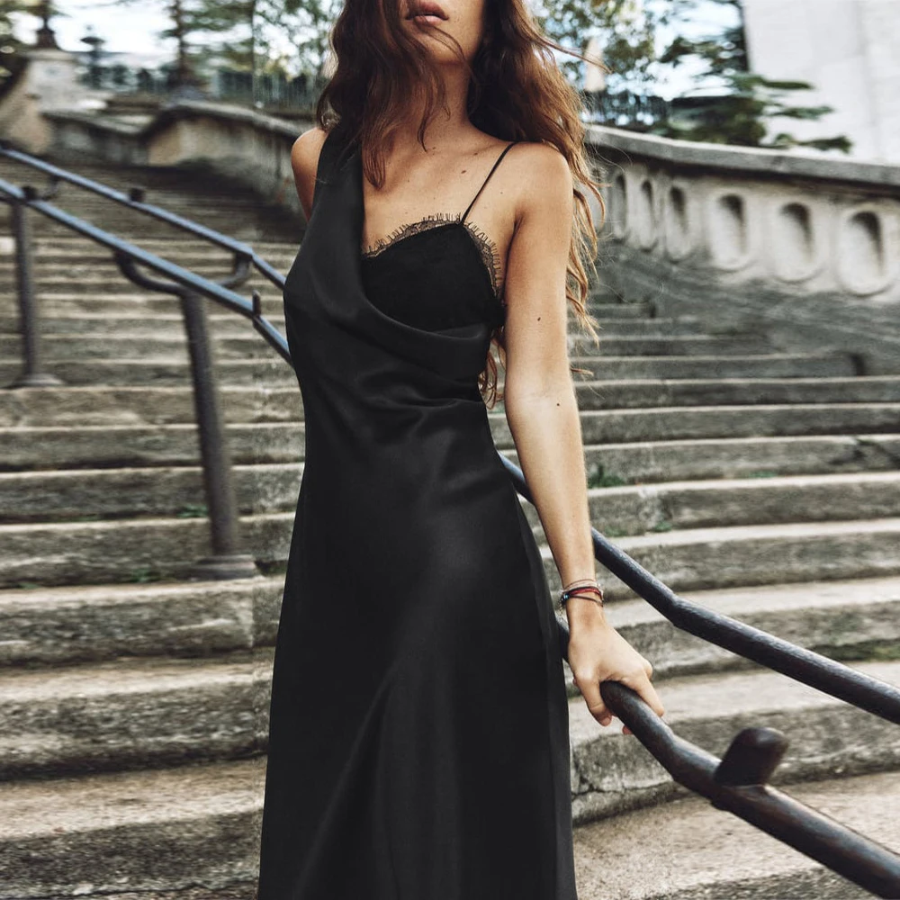 TRAFZA Women's V-Neck Irregular Lace Panelled Satin Dress Fashion Sexy Backless Sleeveless Black Gown Party Elegant Dresses TRAFZA Women's V-Neck Irregular Lace Panelled Satin Dress Fashion Sexy Backless Sleeveless Black Gown Party Elegant Dresses
