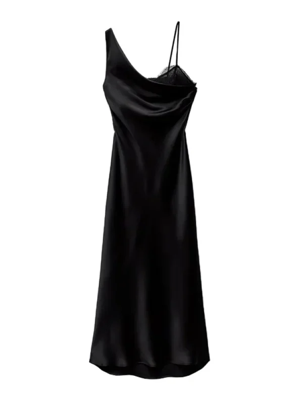 V-Neck Lace Satin Backless Sleeveless Black Party Dresses - Image 4