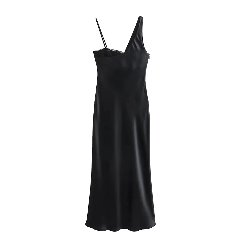 TRAFZA Women's V-Neck Irregular Lace Panelled Satin Dress Fashion Sexy Backless Sleeveless Black Gown Party Elegant Dresses TRAFZA Women's V-Neck Irregular Lace Panelled Satin Dress Fashion Sexy Backless Sleeveless Black Gown Party Elegant Dresses