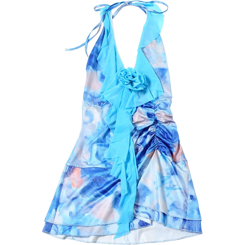 Tie-Dye Print Dress Women Lace-Up Halter Ruffles Patchwork Low-Neck Backless Vacation Beach Party Ruched Mini Bodycon