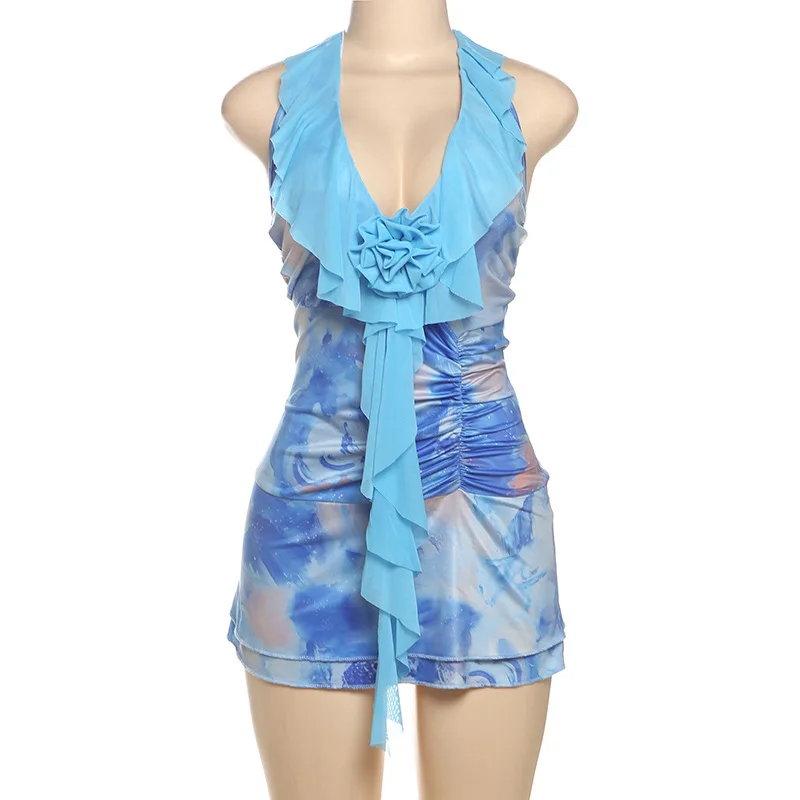 Tie-Dye Print Dress Women Lace-Up Halter Ruffles Patchwork Low-Neck Backless Vacation Beach Party Ruched Mini Bodycon