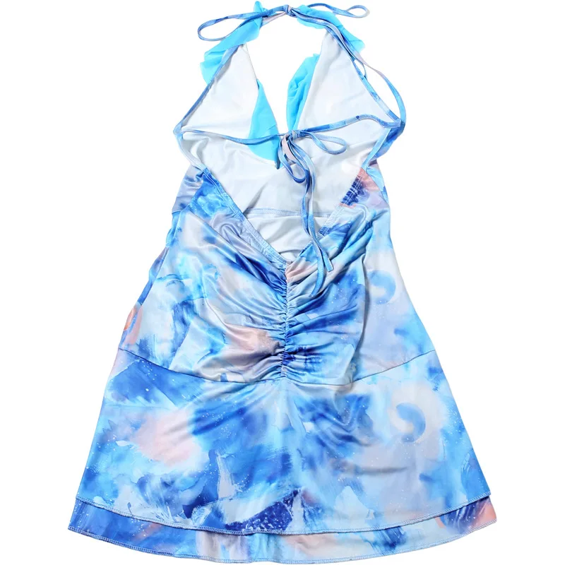 Tie-Dye Print Dress Women Lace-Up Halter Ruffles Patchwork Low-Neck Backless Vacation Beach Party Ruched Mini Bodycon