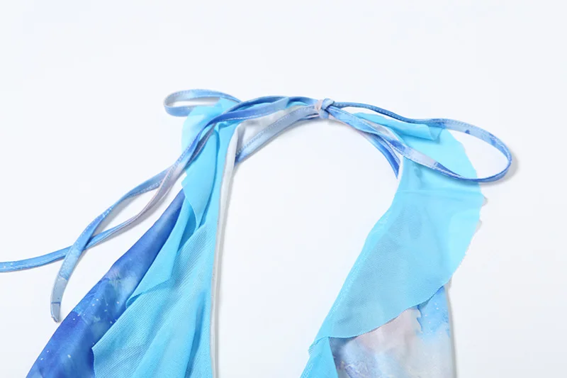 Tie-Dye Print Dress Women Lace-Up Halter Ruffles Patchwork Low-Neck Backless Vacation Beach Party Ruched Mini Bodycon