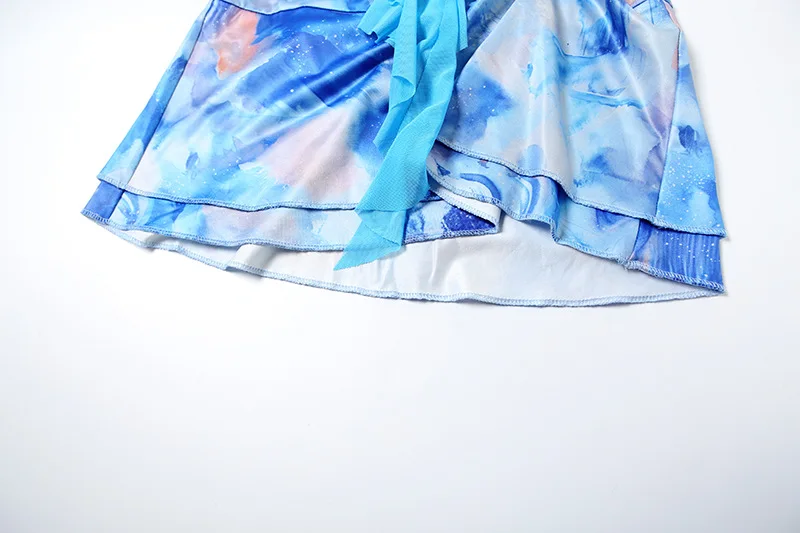 Tie-Dye Print Dress Women Lace-Up Halter Ruffles Patchwork Low-Neck Backless Vacation Beach Party Ruched Mini Bodycon