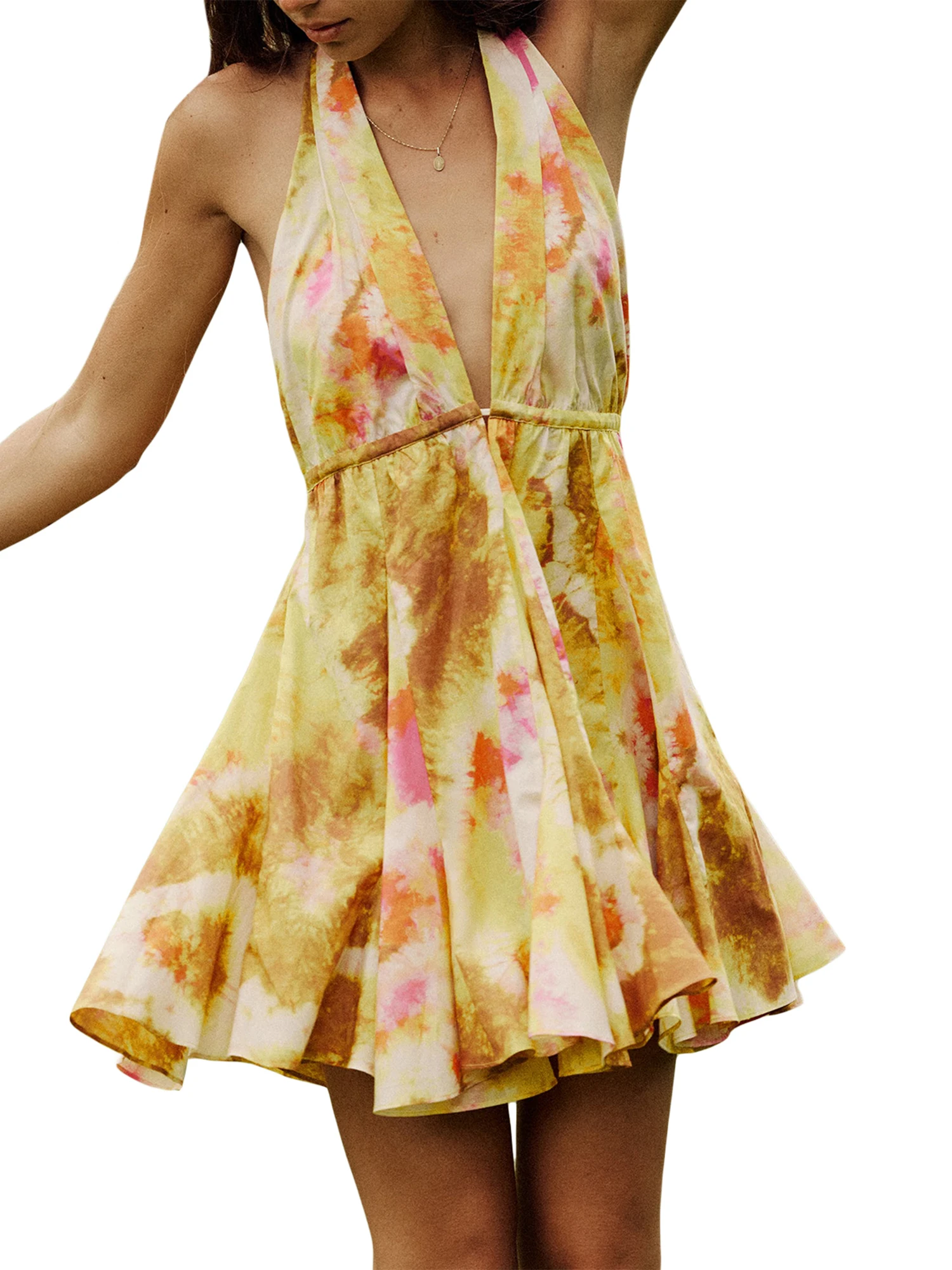 Women Mini Dress Sleeveless Halter Dress Backless Tie-dye Print Summer A-line Dress Women Mini Dress Sleeveless Halter Dress Backless Tie-dye Print Summer A-line Dress