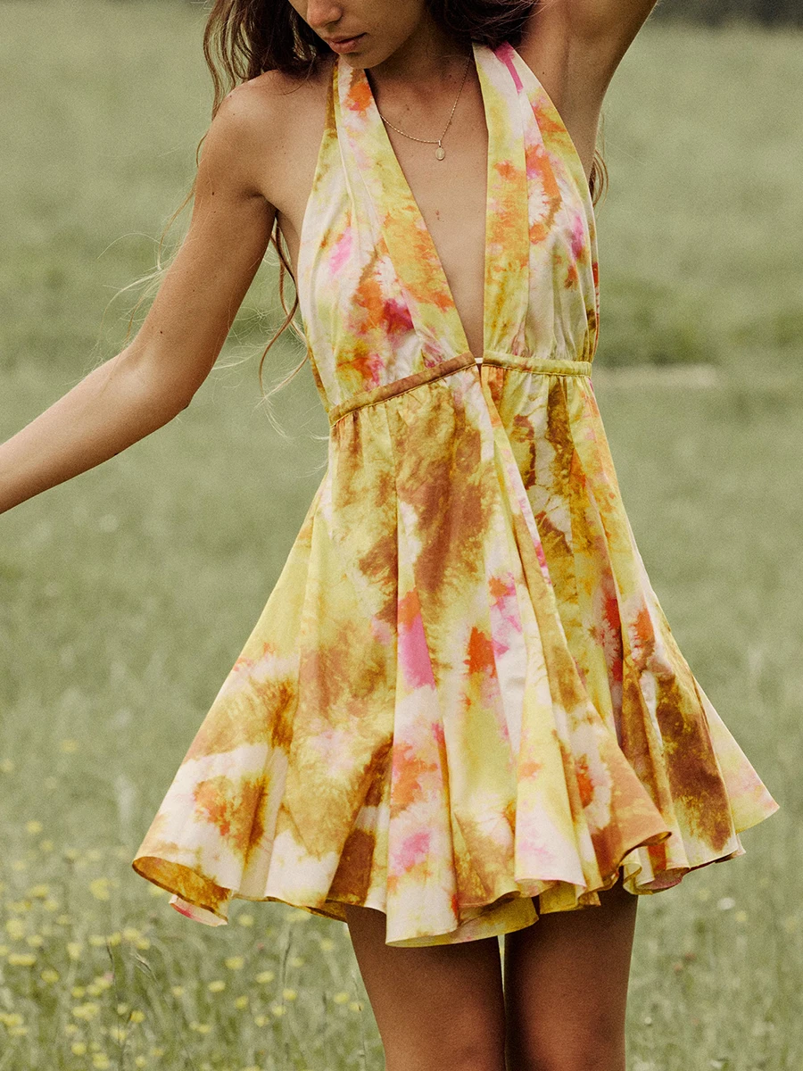 Women Mini Dress Sleeveless Halter Dress Backless Tie-dye Print Summer A-line Dress Women Mini Dress Sleeveless Halter Dress Backless Tie-dye Print Summer A-line Dress