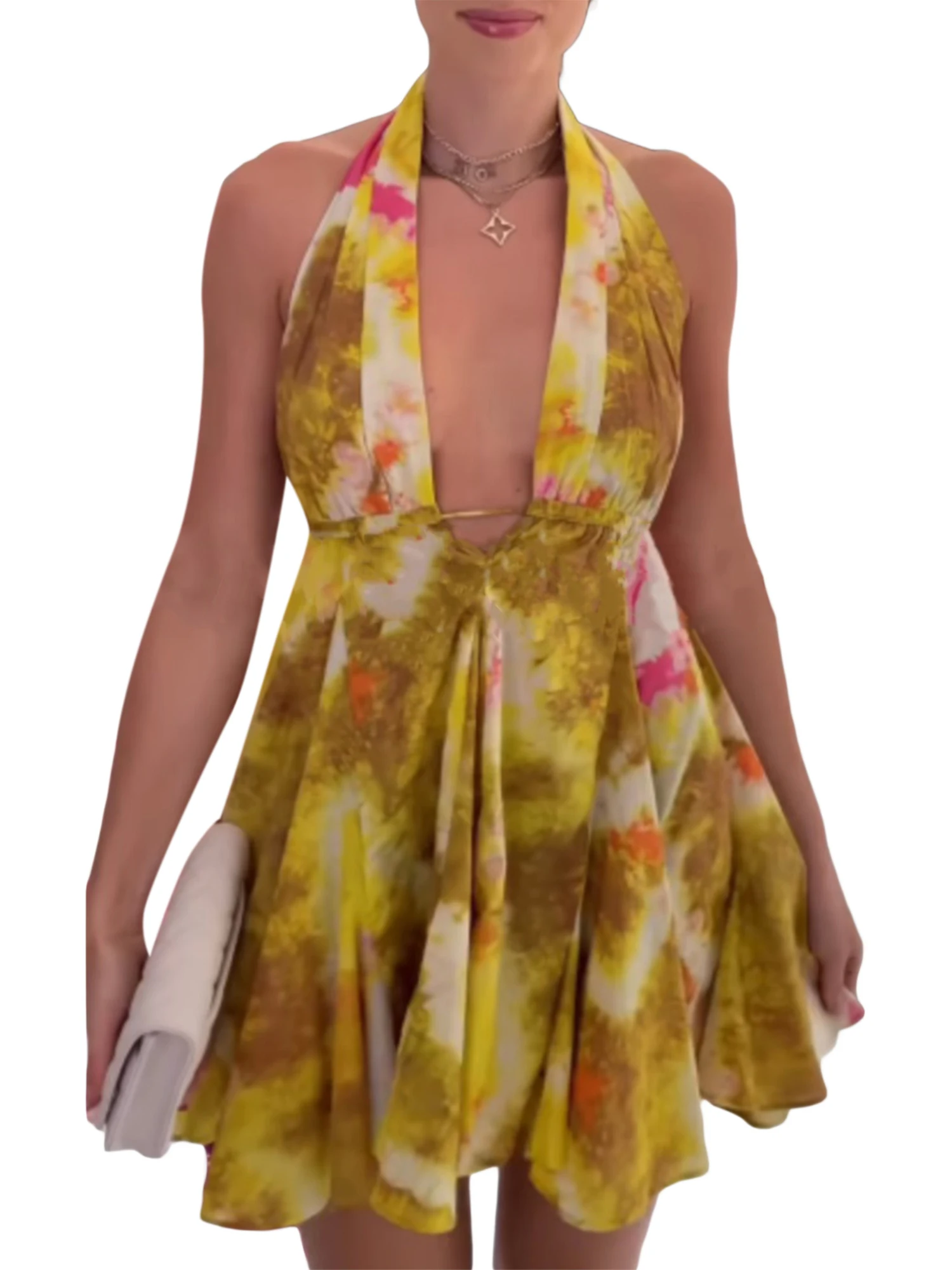 Women Mini Dress Sleeveless Halter Dress Backless Tie-dye Print Summer A-line Dress Women Mini Dress Sleeveless Halter Dress Backless Tie-dye Print Summer A-line Dress