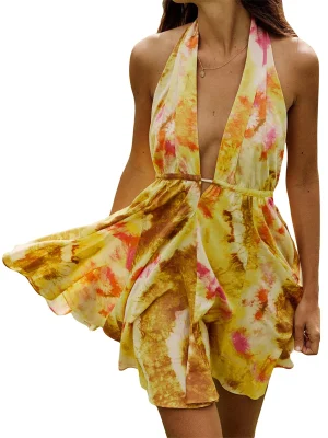 Sleeveless Halter Backless Tie-dye A-line Dress