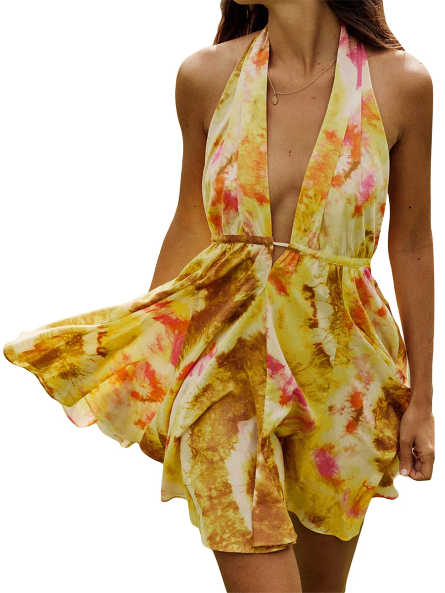 Sleeveless Halter Backless Tie-dye A-line Dress