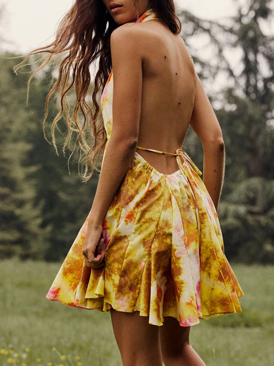 Women Mini Dress Sleeveless Halter Dress Backless Tie-dye Print Summer A-line Dress Women Mini Dress Sleeveless Halter Dress Backless Tie-dye Print Summer A-line Dress