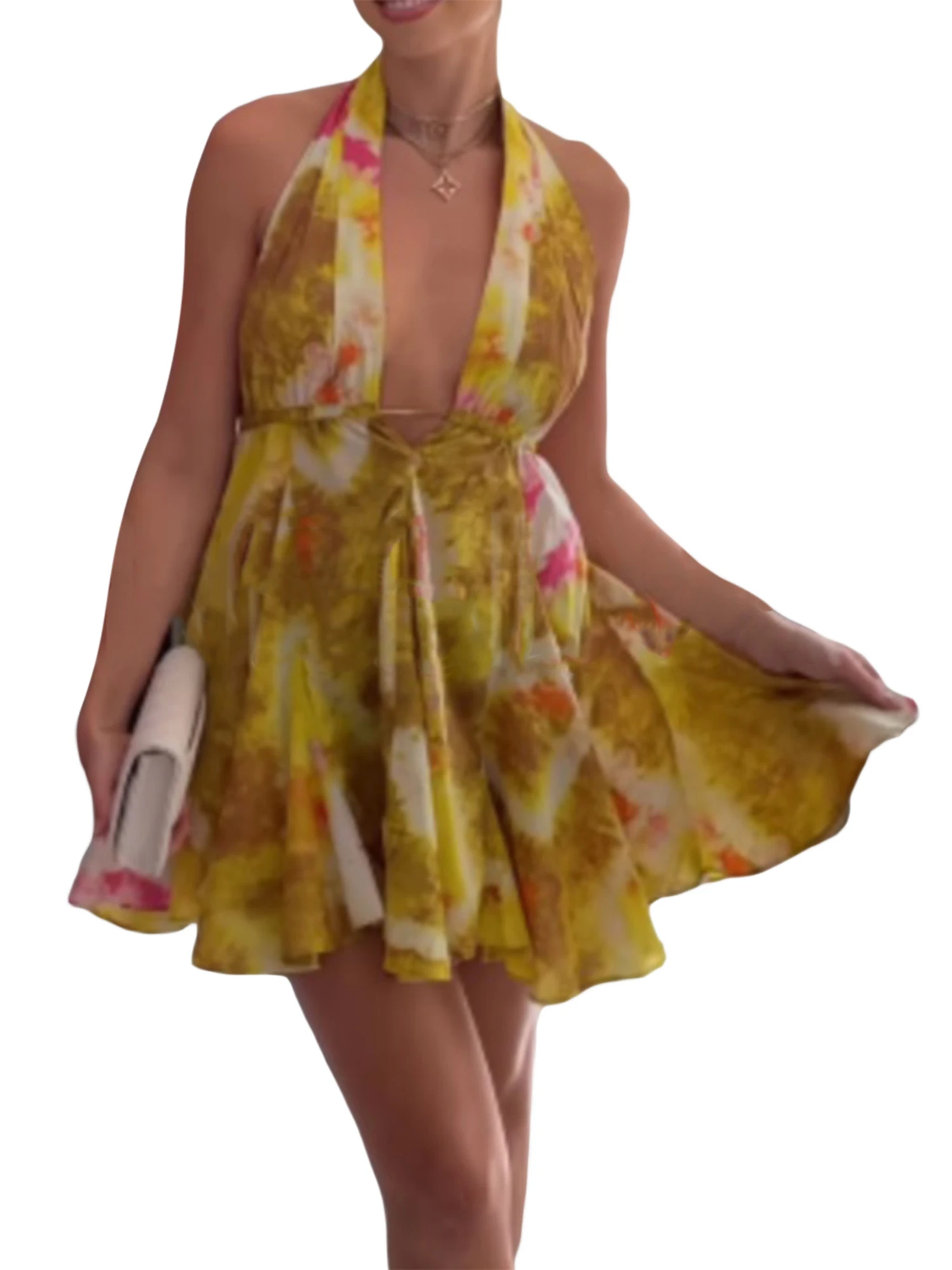 Women Mini Dress Sleeveless Halter Dress Backless Tie-dye Print Summer A-line Dress Women Mini Dress Sleeveless Halter Dress Backless Tie-dye Print Summer A-line Dress