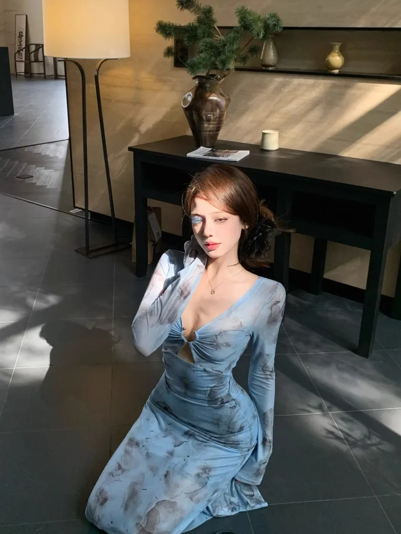Pure Desire Long Sleeve V-Neck Tie Dye Net Yoke Women's Dress Sexy Hollow Out Waist-Fitted Slims Smooths Your Silhouette Elegant