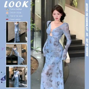 Long Sleeve V-Neck Tie Dye Dress