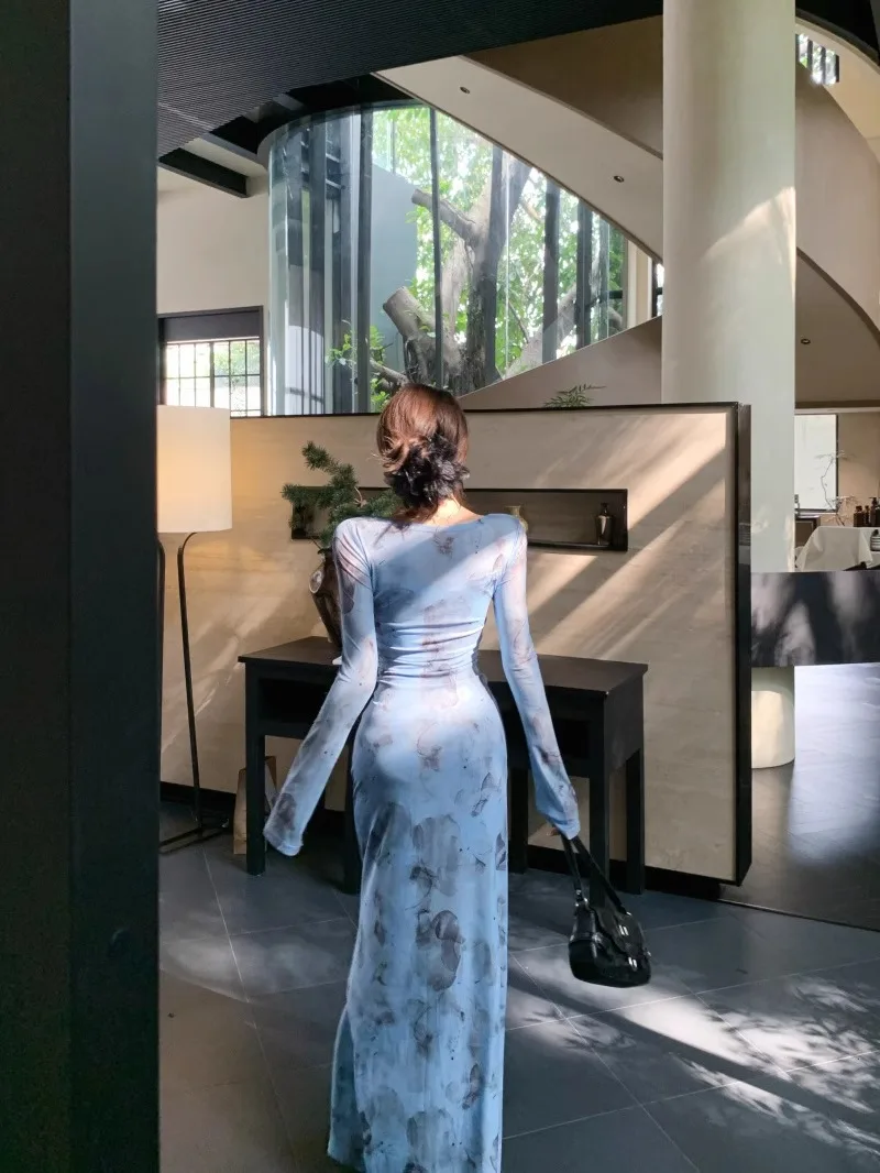 Pure Desire Long Sleeve V-Neck Tie Dye Net Yoke Women's Dress Sexy Hollow Out Waist-Fitted Slims Smooths Your Silhouette Elegant