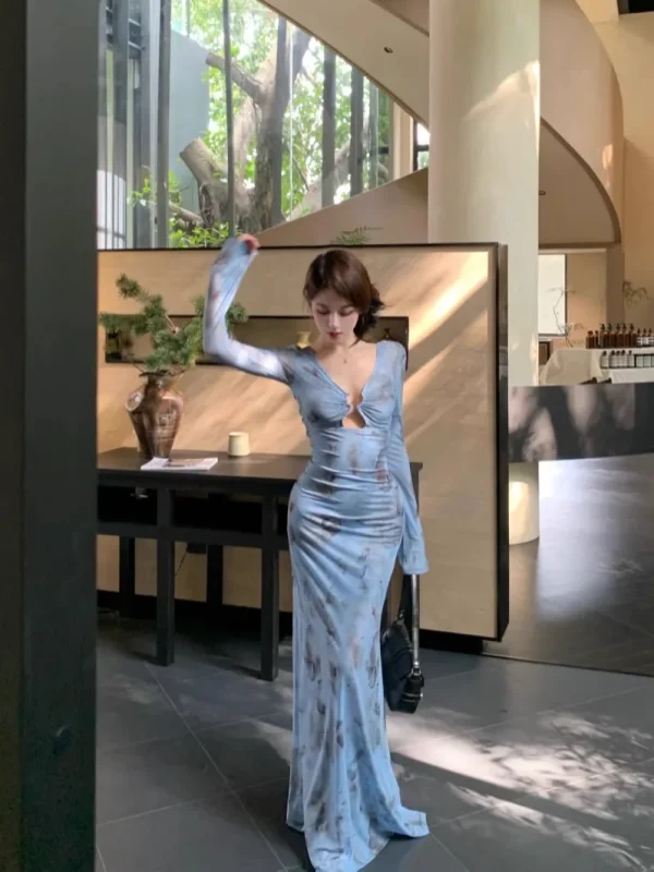 Long Sleeve V-Neck Tie Dye Dress - Image 2