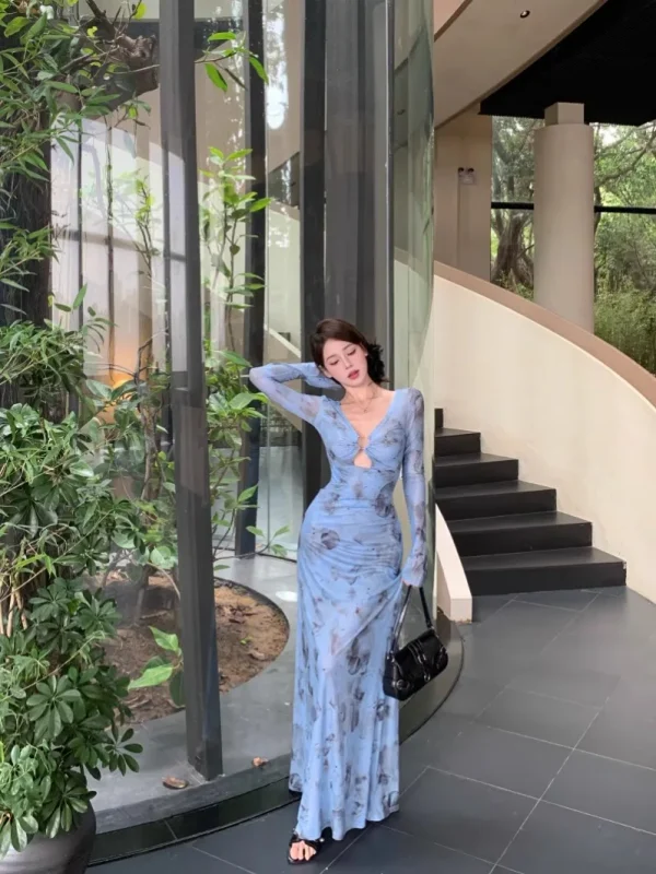 Long Sleeve V-Neck Tie Dye Dress - Image 5