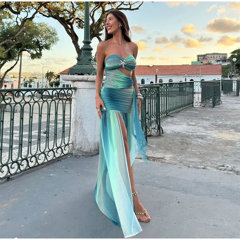 Summer Beach Blue Tie-dye Long Dress Women Sexy Off Shoulder Metal Star Hollow Out High Slit Lady Holiday New Wear