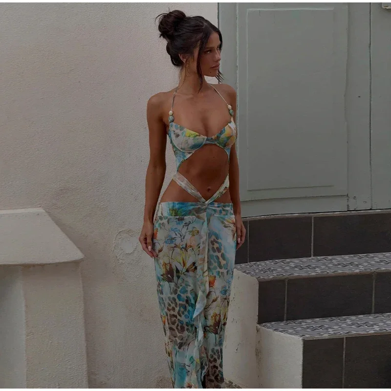 Summer Beach Blue Tie-dye Long Dress Women Sexy Off Shoulder Metal Star Hollow Out High Slit Lady Holiday New Wear