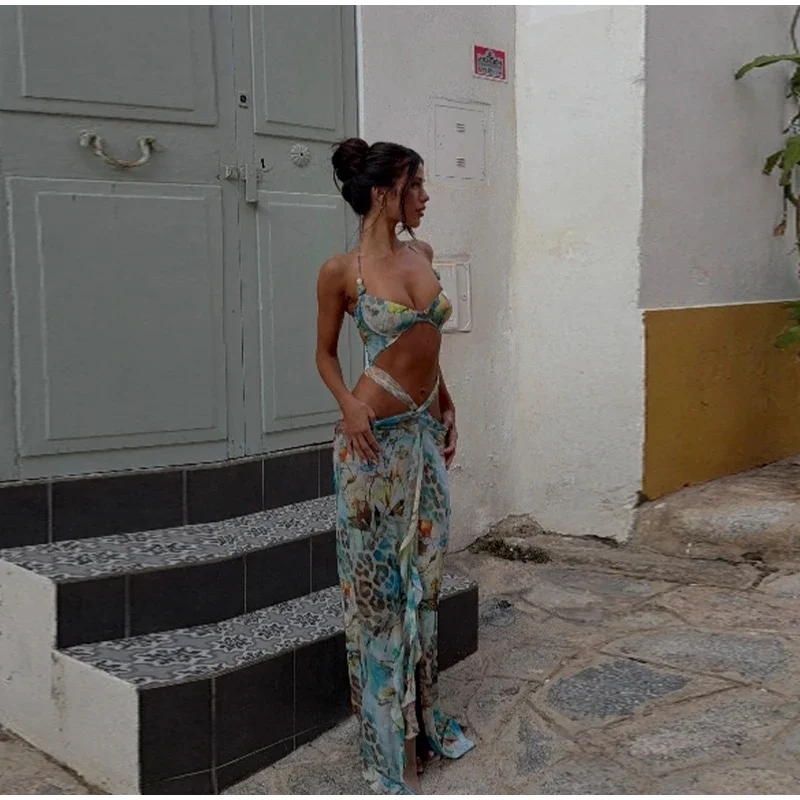 Summer Beach Blue Tie-dye Long Dress Women Sexy Off Shoulder Metal Star Hollow Out High Slit Lady Holiday New Wear