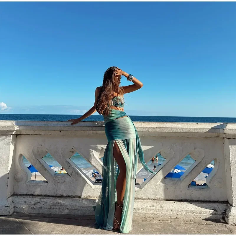 Summer Beach Blue Tie-dye Long Dress Women Sexy Off Shoulder Metal Star Hollow Out High Slit Lady Holiday New Wear