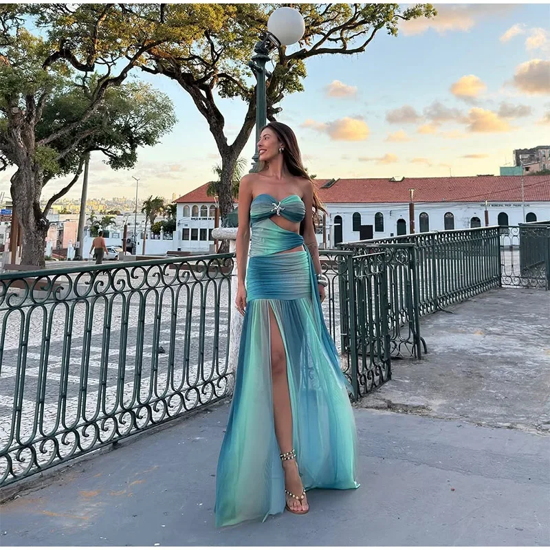 Summer Beach Blue Tie-dye Long Dress Women Sexy Off Shoulder Metal Star Hollow Out High Slit Lady Holiday New Wear