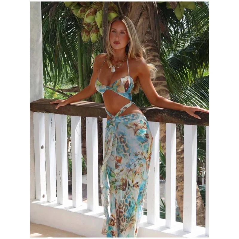 Summer Beach Blue Tie-dye Long Dress Women Sexy Off Shoulder Metal Star Hollow Out High Slit Lady Holiday New Wear