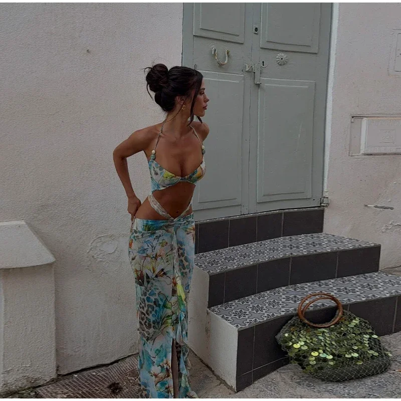 Summer Beach Blue Tie-dye Long Dress Women Sexy Off Shoulder Metal Star Hollow Out High Slit Lady Holiday New Wear