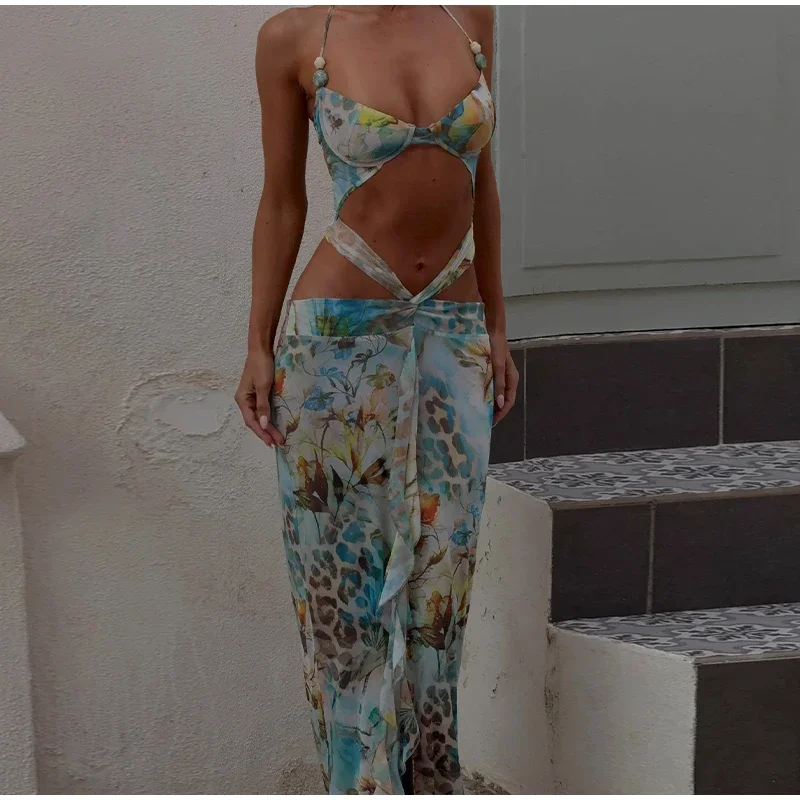 Summer Beach Blue Tie-dye Long Dress Women Sexy Off Shoulder Metal Star Hollow Out High Slit Lady Holiday New Wear