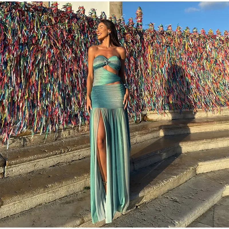 Summer Beach Blue Tie-dye Long Dress Women Sexy Off Shoulder Metal Star Hollow Out High Slit Lady Holiday New Wear
