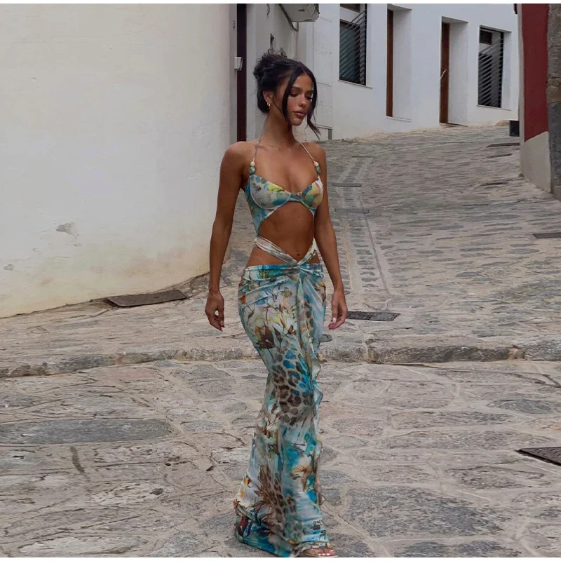 Summer Beach Blue Tie-dye Long Dress Women Sexy Off Shoulder Metal Star Hollow Out High Slit Lady Holiday New Wear