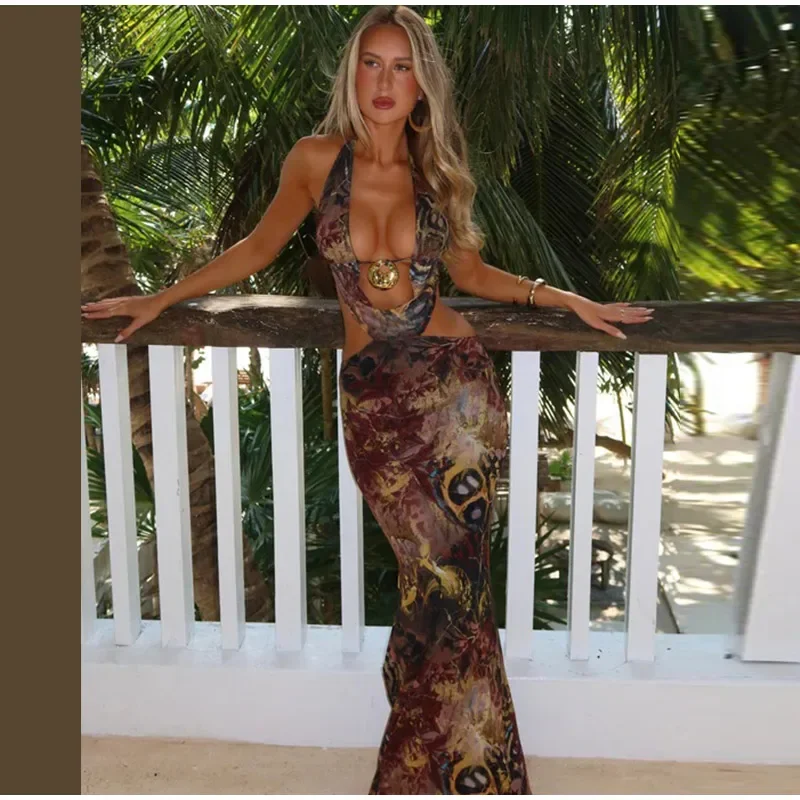 Summer Beach Blue Tie-dye Long Dress Women Sexy Off Shoulder Metal Star Hollow Out High Slit Lady Holiday New Wear