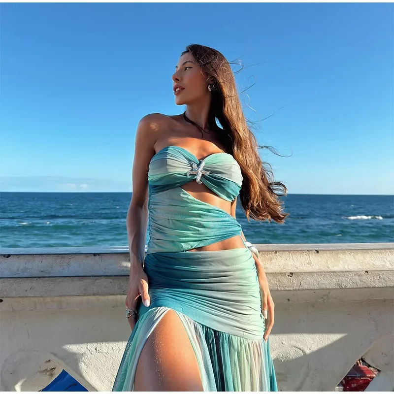 Summer Beach Blue Tie-dye Long Dress Women Sexy Off Shoulder Metal Star Hollow Out High Slit Lady Holiday New Wear