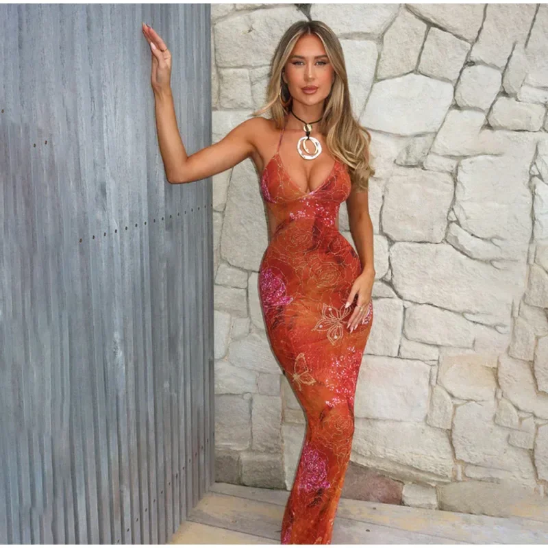 Summer Beach Blue Tie-dye Long Dress Women Sexy Off Shoulder Metal Star Hollow Out High Slit Lady Holiday New Wear