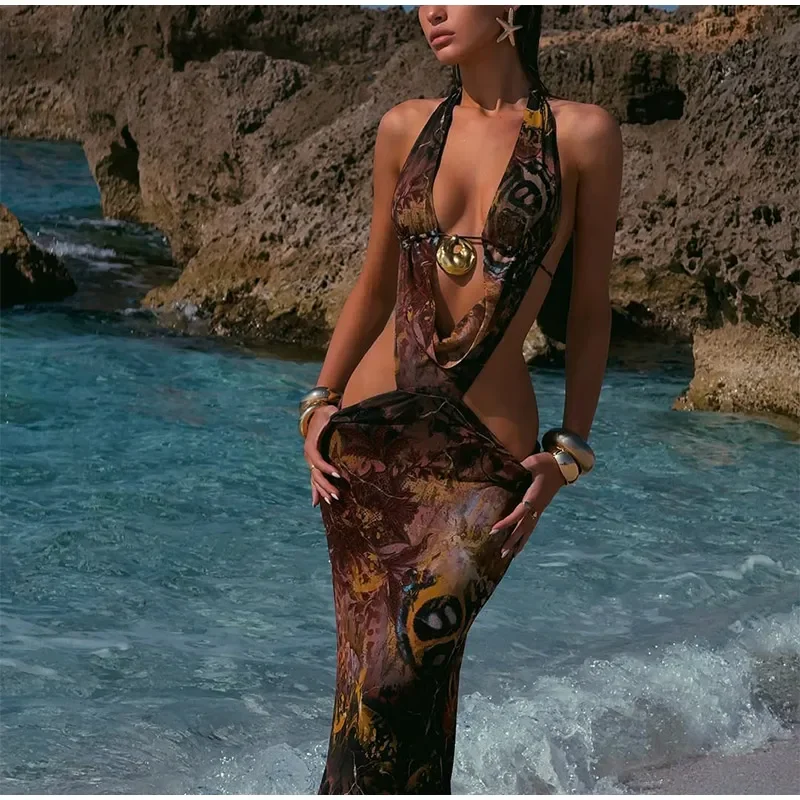 Summer Beach Blue Tie-dye Long Dress Women Sexy Off Shoulder Metal Star Hollow Out High Slit Lady Holiday New Wear