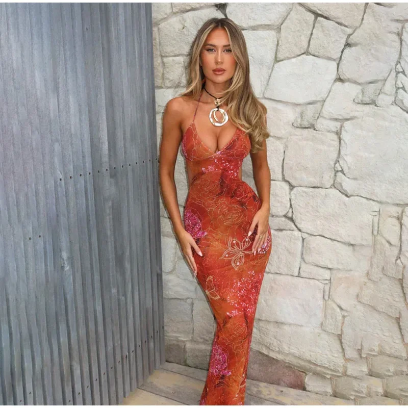 Summer Beach Blue Tie-dye Long Dress Women Sexy Off Shoulder Metal Star Hollow Out High Slit Lady Holiday New Wear