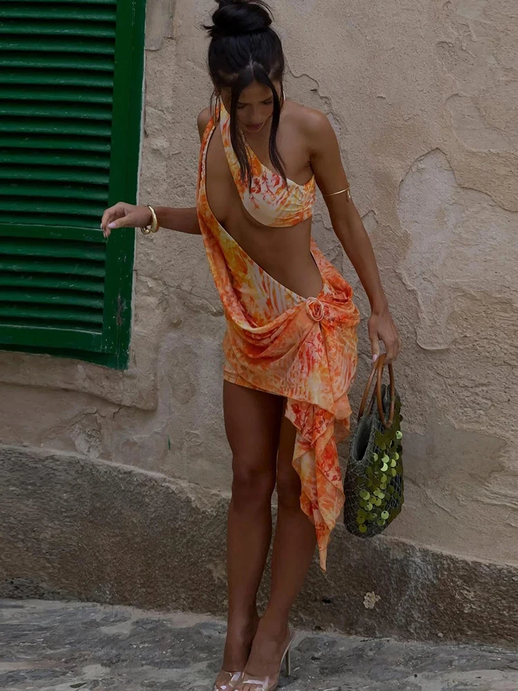 Tie Dye Women Mini Dress Stunning Sexy Incline Shoulder Hollow Cleavage Appliques Tassel Bodycon Mujer Coquette Y2K Frock