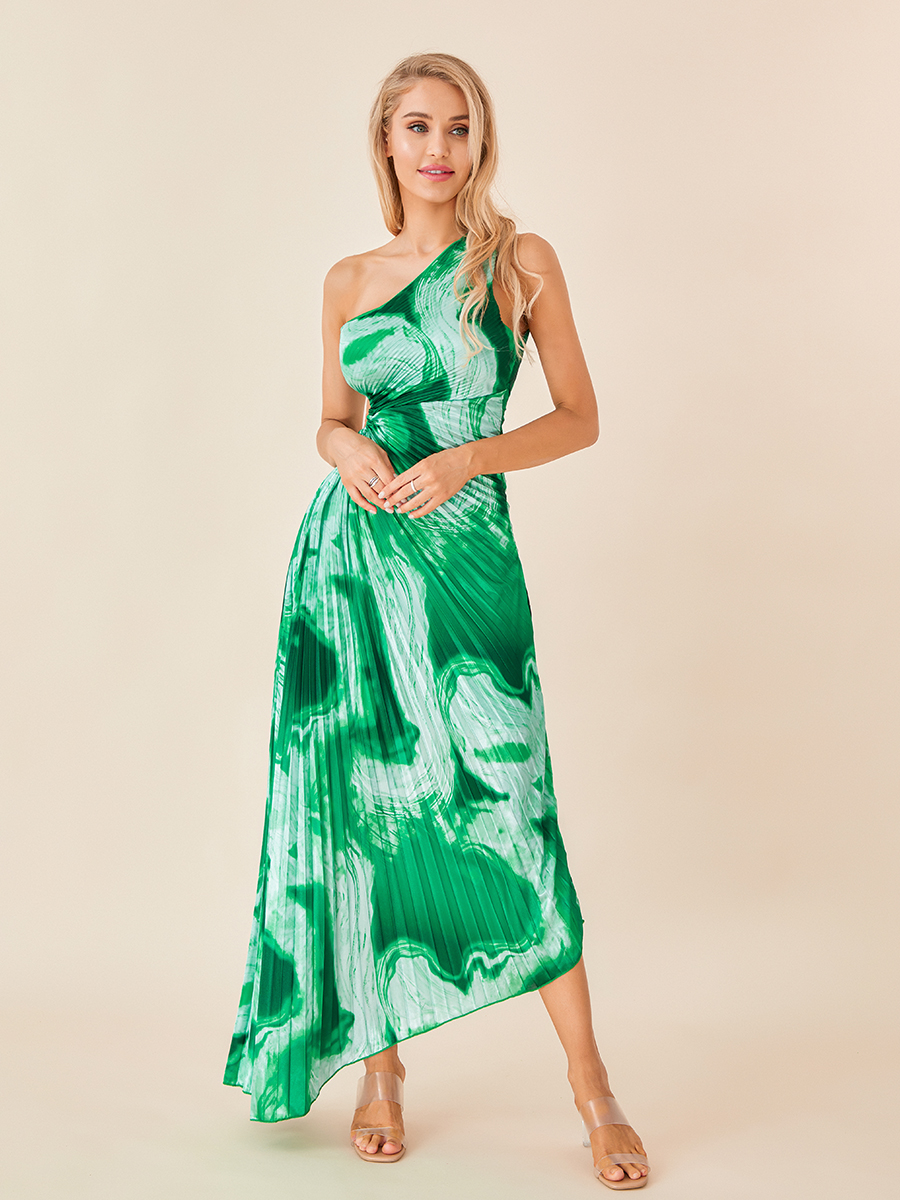 Women Long Dress Sleeveless One-shoulder Pleated Hollowed Tie-dye Print Summer Swing Dress Vacation Dress