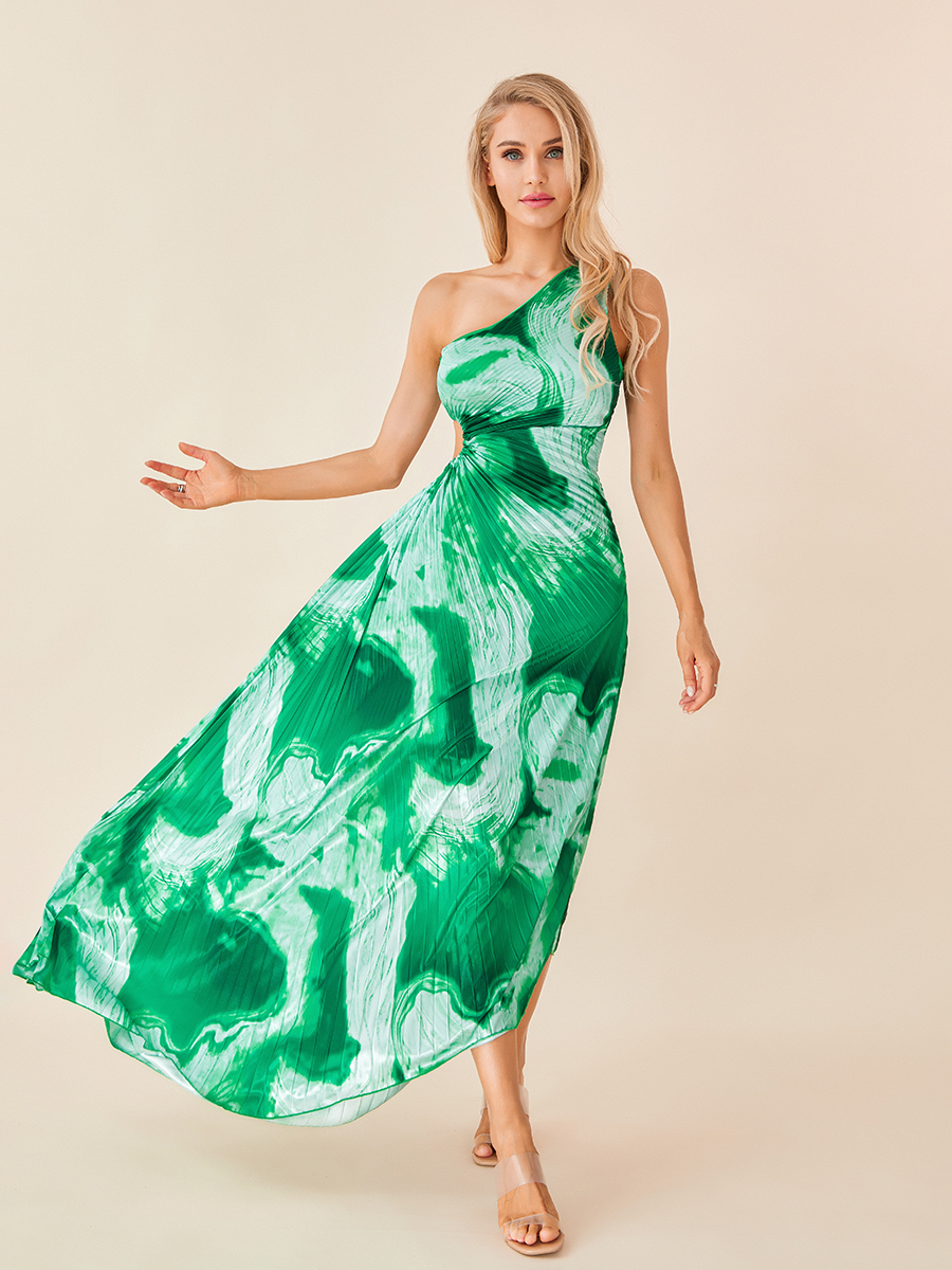 Women Long Dress Sleeveless One-shoulder Pleated Hollowed Tie-dye Print Summer Swing Dress Vacation Dress