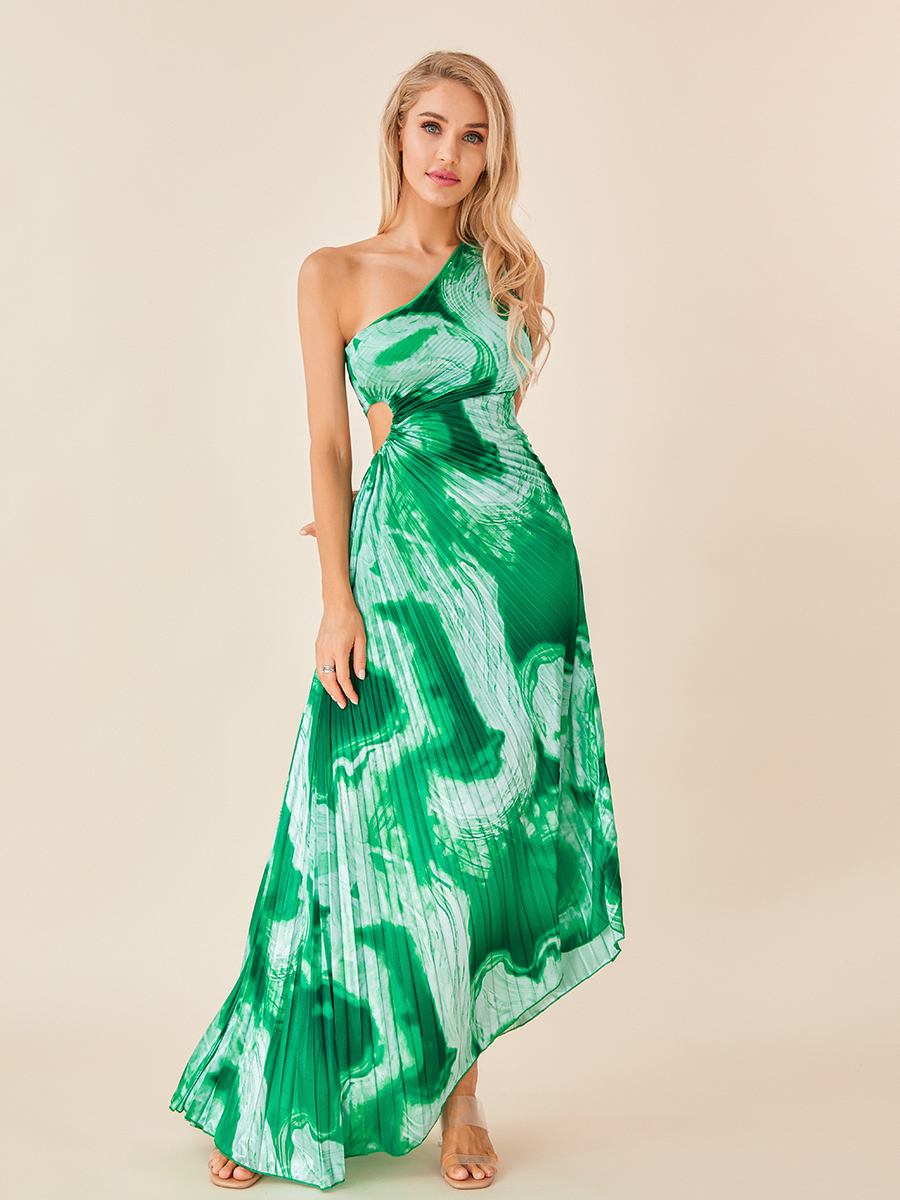 Women Long Dress Sleeveless One-shoulder Pleated Hollowed Tie-dye Print Summer Swing Dress Vacation Dress