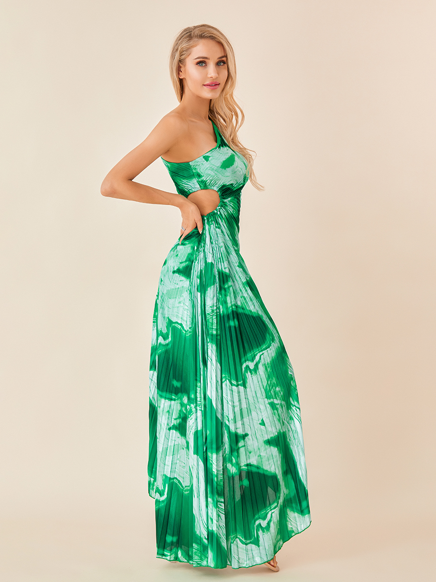 Women Long Dress Sleeveless One-shoulder Pleated Hollowed Tie-dye Print Summer Swing Dress Vacation Dress