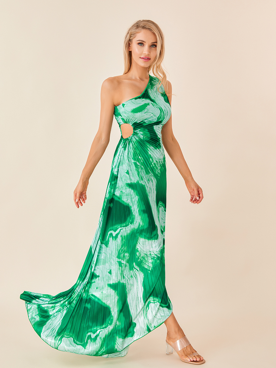 Women Long Dress Sleeveless One-shoulder Pleated Hollowed Tie-dye Print Summer Swing Dress Vacation Dress