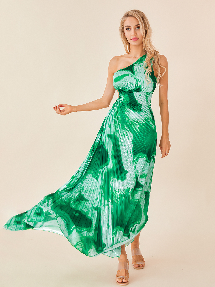 Women Long Dress Sleeveless One-shoulder Pleated Hollowed Tie-dye Print Summer Swing Dress Vacation Dress